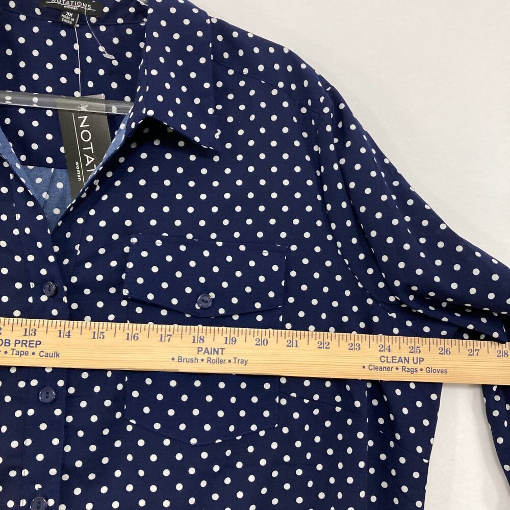 Notations Navy Blue Polka Dot, Lightweight, poly SOFT drape Shirt. Like NEW! - Picture 7 of 11